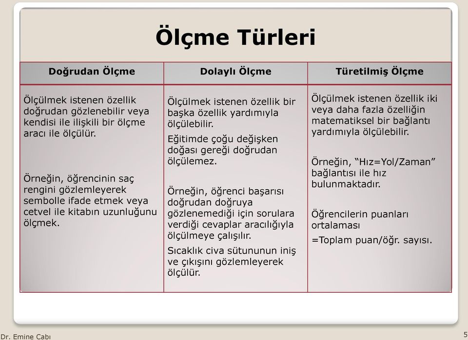 Eğitimde çoğu değişken doğası gereği doğrudan ölçülemez. Örneğin, öğrenci başarısı doğrudan doğruya gözlenemediği için sorulara verdiği cevaplar aracılığıyla ölçülmeye çalışılır.