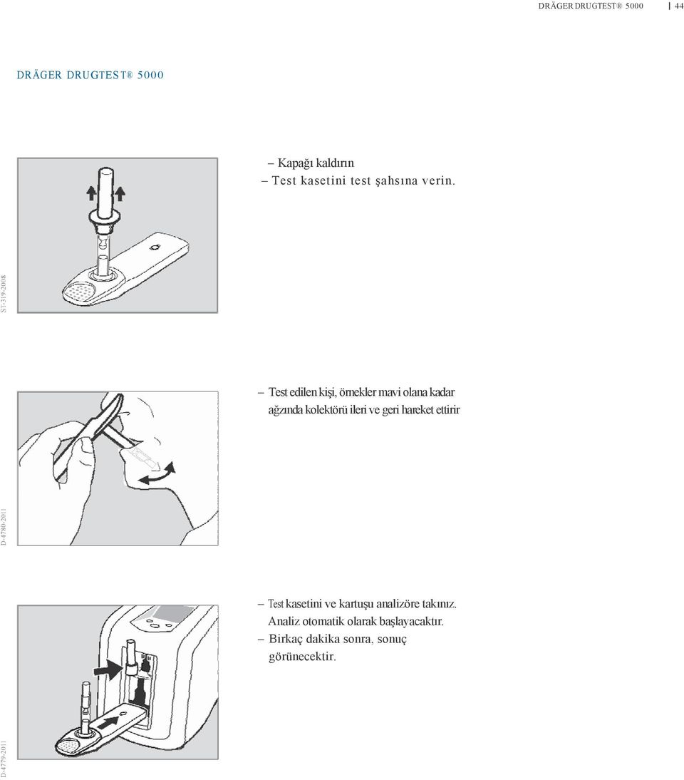 ST-319-2008 Test edilen kişi, örnekler mavi olana kadar ağzında kolektörü ileri ve geri