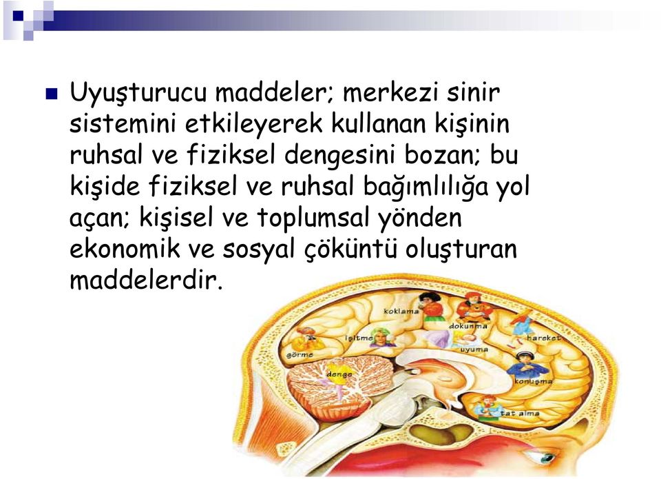 kişide fiziksel ve ruhsal bağımlılığa yol açan; kişisel ve