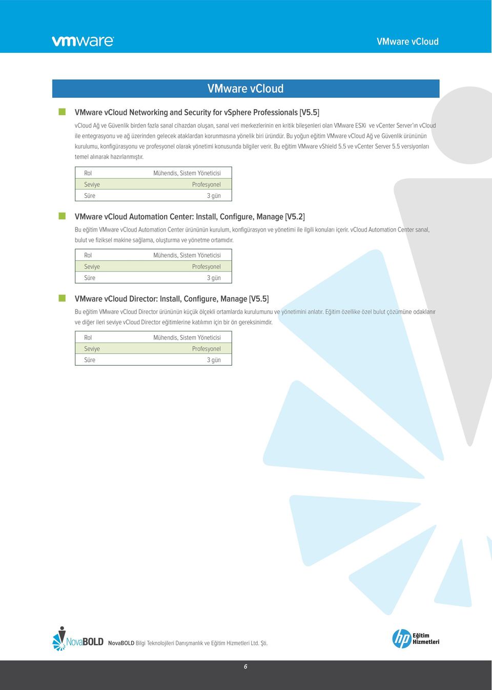 ataklardan korunmasına yönelik biri üründür. Bu yoğun eğitim VMware vcloud Ağ ve Güvenlik ürününün kurulumu, konfigürasyonu ve profesyonel olarak yönetimi konusunda bilgiler verir.