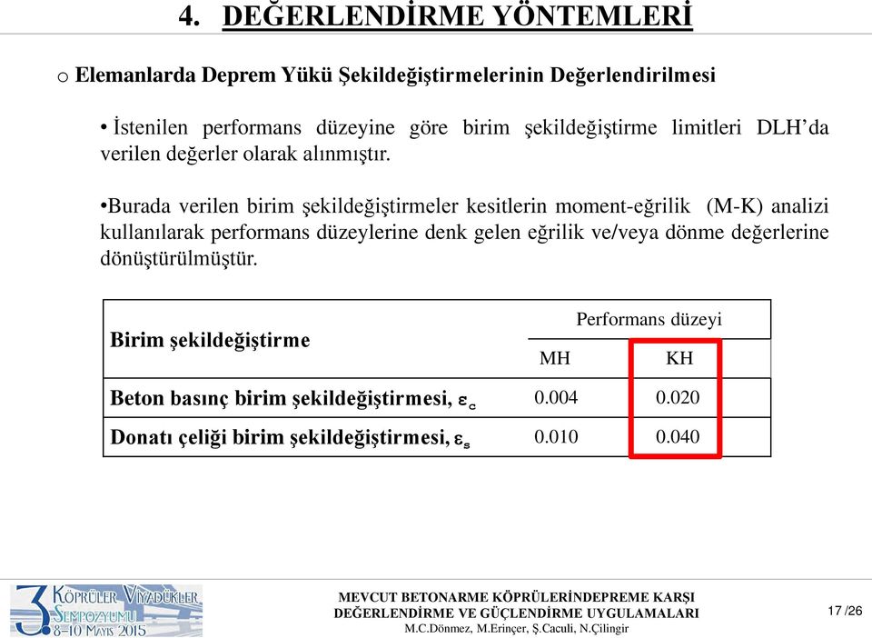 Burada verilen birim şekildeğiştirmeler kesitlerin moment-eğrilik (M-K) analizi kullanılarak performans düzeylerine denk gelen eğrilik