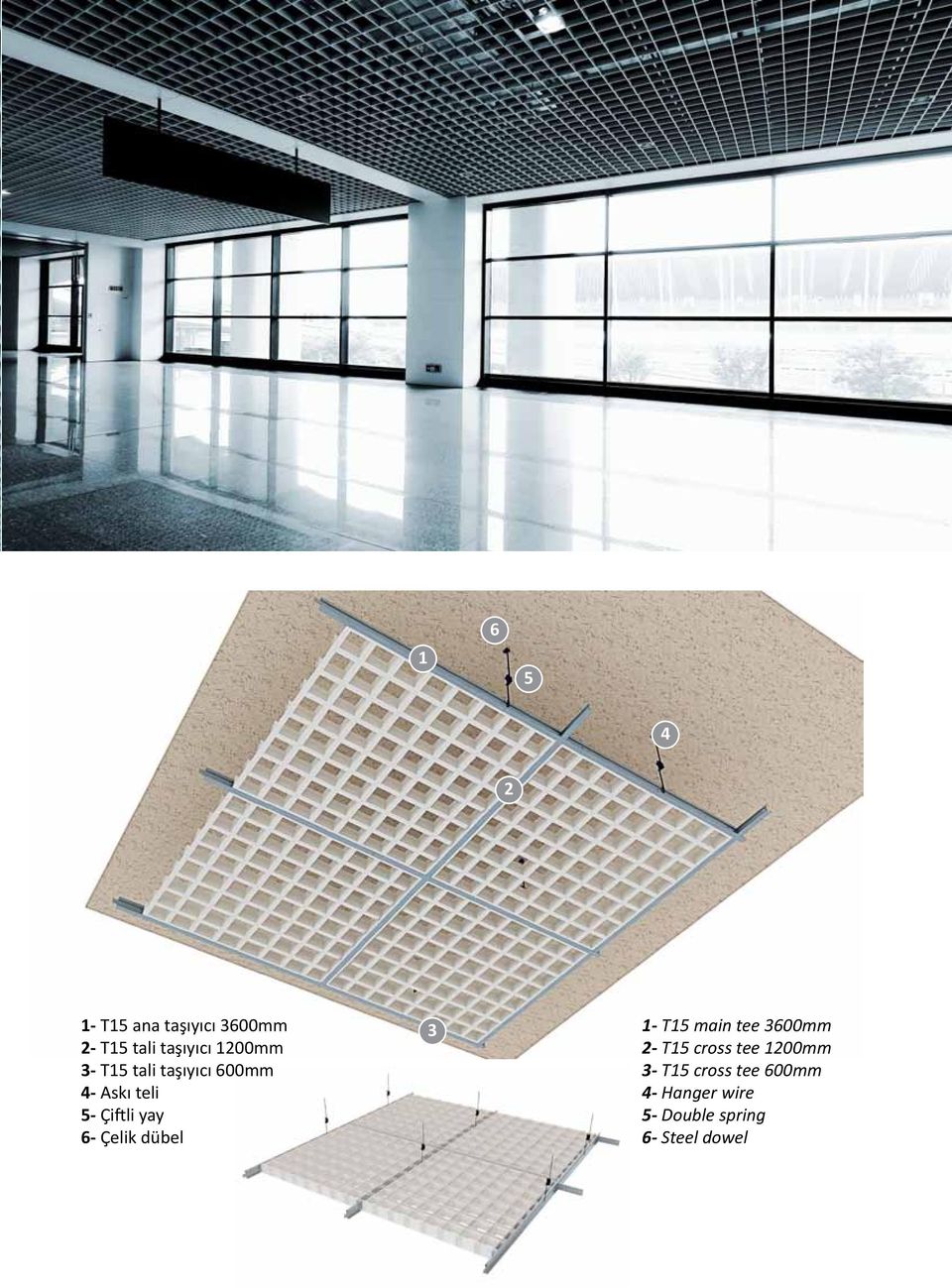 6- Çelik dübel 3 1- T15 main tee 3600mm 2- T15 cross tee