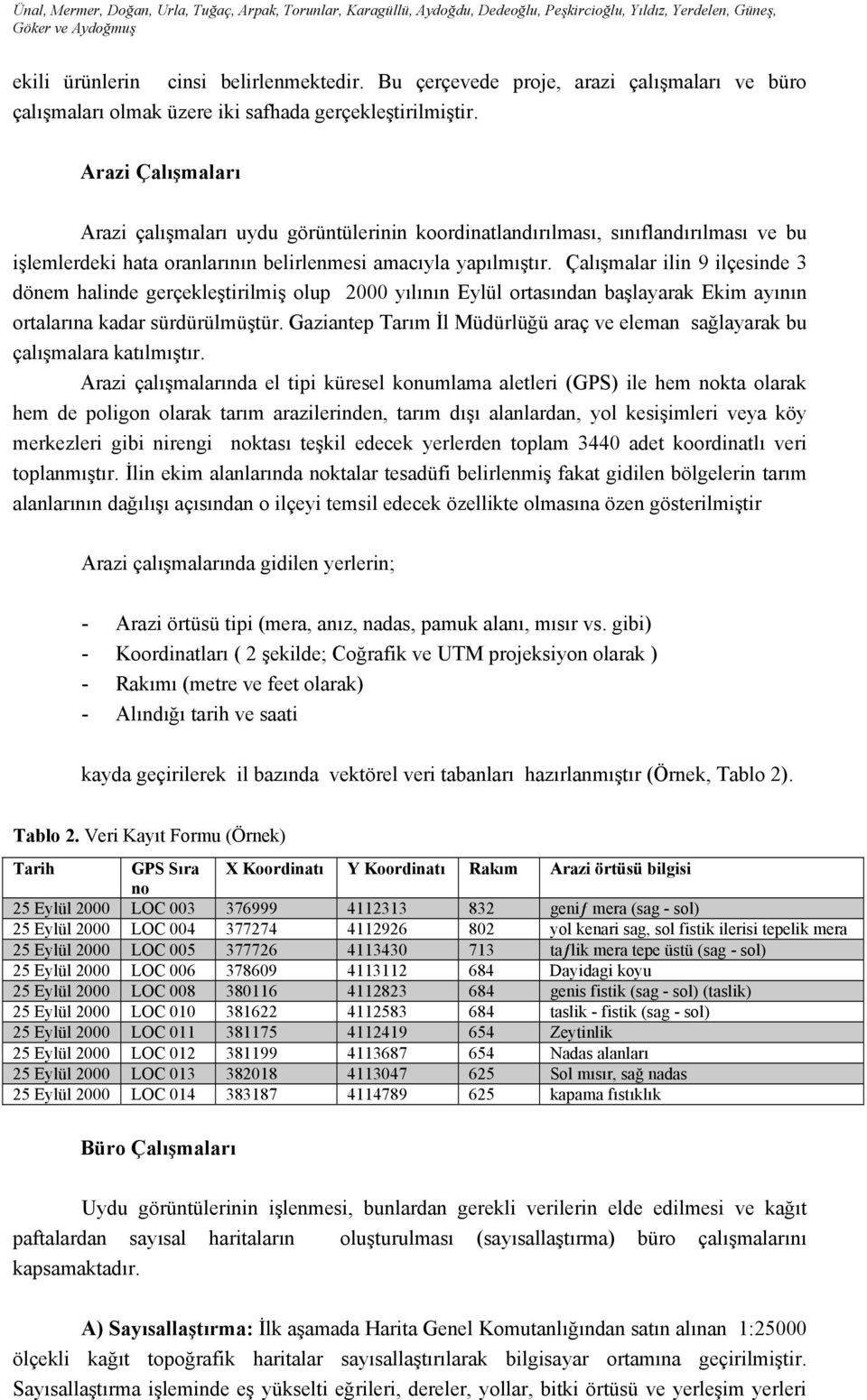 Arazi Çalışmaları Arazi çalışmaları uydu görüntülerinin koordinatlandırılması, sınıflandırılması ve bu işlemlerdeki hata oranlarının belirlenmesi amacıyla yapılmıştır.