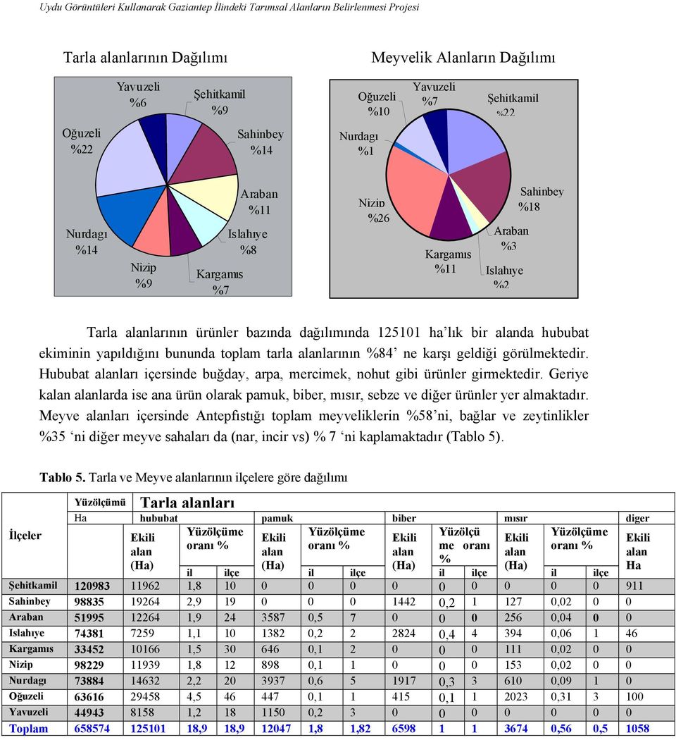 dağılımında 125101 ha lık bir alanda hububat ekiminin yapıldığını bununda toplam tarla alanlarının %84 ne karşı geldiği görülmektedir.