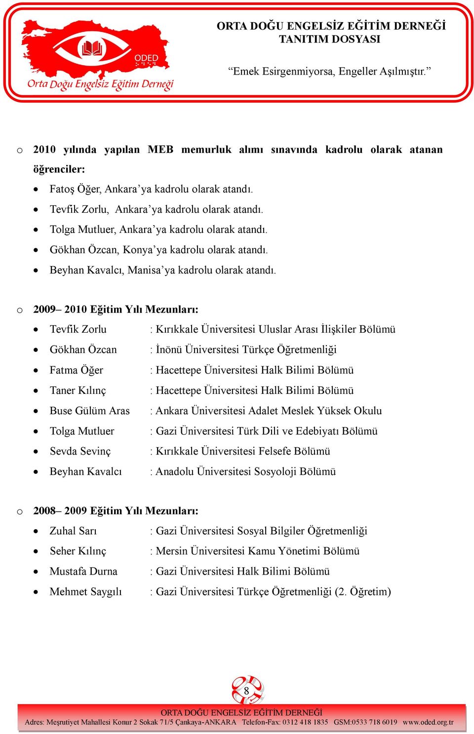 o 2009 2010 Eğitim Yılı Mezunları: Tevfik Zorlu : Kırıkkale Üniversitesi Uluslar Arası İlişkiler Bölümü Gökhan Özcan : İnönü Üniversitesi Türkçe Öğretmenliği Fatma Öğer : Hacettepe Üniversitesi Halk