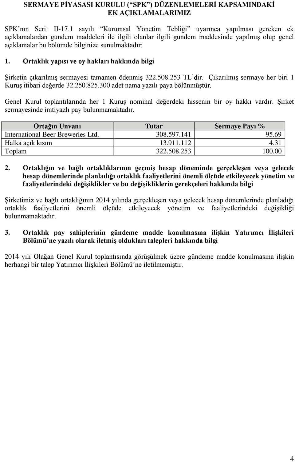 sunulmaktadır: 1. Ortaklık yapısı ve oy hakları hakkında bilgi Şirketin çıkarılmış sermayesi tamamen ödenmiş 322.508.253 TL dir. Çıkarılmış sermaye her biri 1 Kuruş itibari değerde 32.250.825.