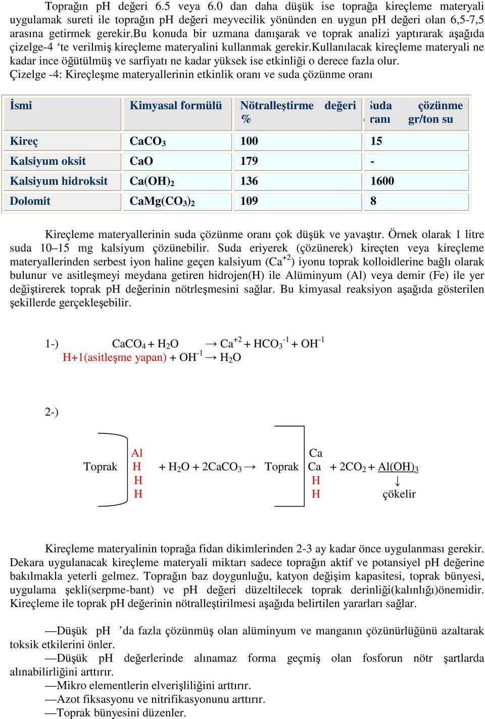 kullanılacak kireçleme materyali ne kadar ince öütülmü ve sarfiyatı ne kadar yüksek ise etkinlii o derece fazla olur.