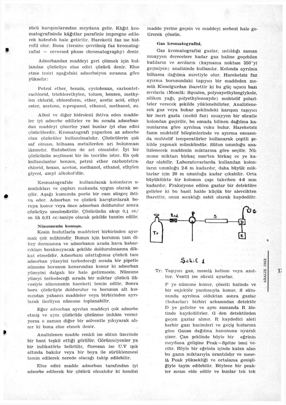 Elue etme tesiri aşağıdaki adsorbsiyon sırasına göre yükselir: Petrol ether, benzin, cyclohexan, carbontetıachlorid, trichlorethylen, toluen, benzen, methylen chlorid, chloroform, ether, acetic acid,