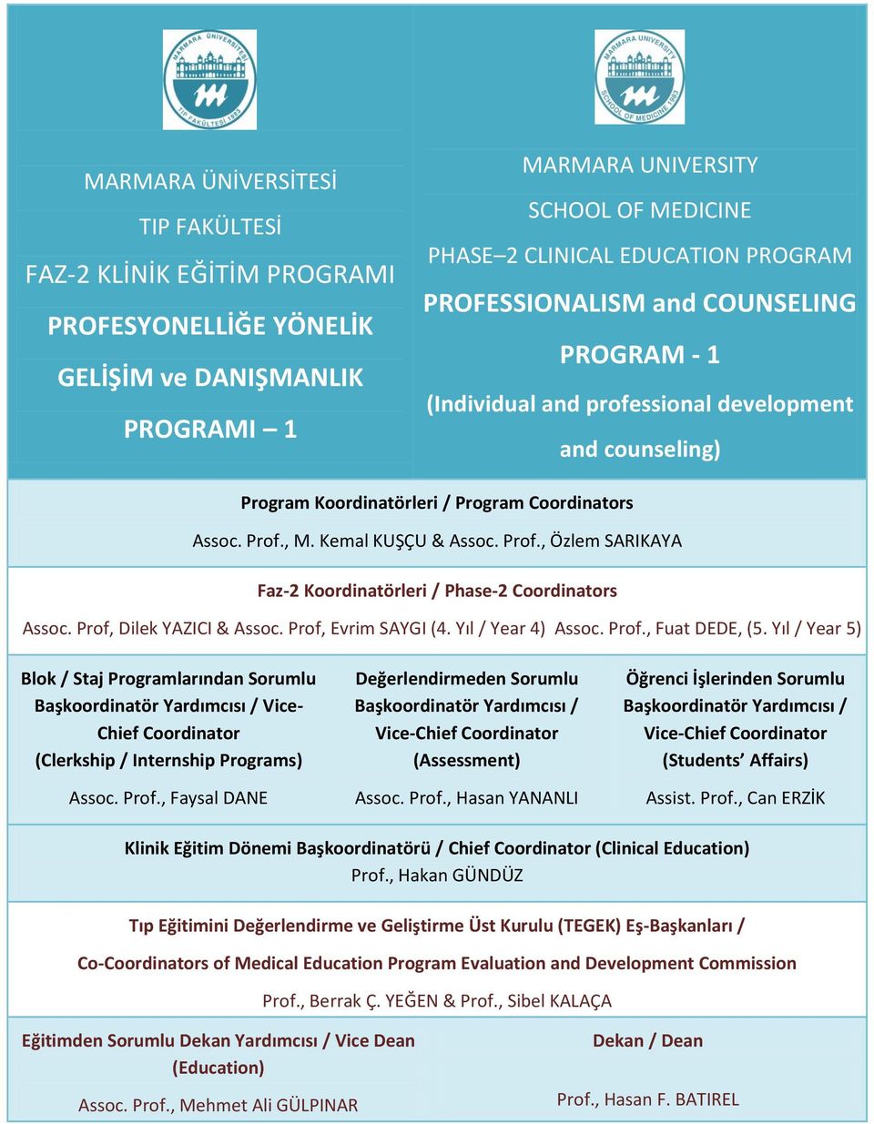 , M. Kemal KUŞÇU & Assoc. Prof., Özlem SARIKAYA Faz- Koordinatörleri / Phase- Coordinators Assoc. Prof, Dilek YAZICI & Assoc. Prof, Evrim SAYGI (4. Yıl / Year 4) Assoc. Prof., Fuat DEDE, (5.