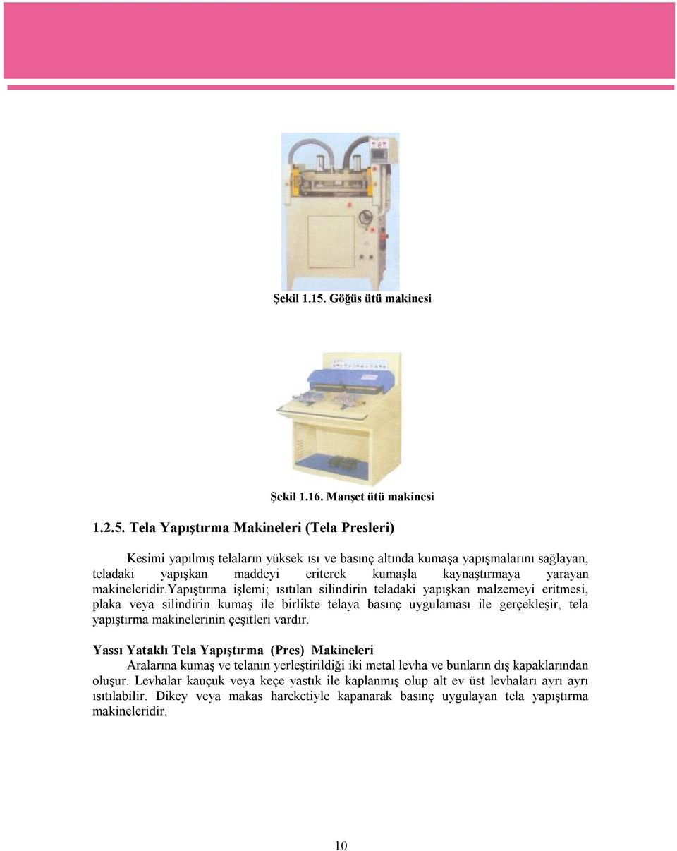 Tela Yapıştırma Makineleri (Tela Presleri) Kesimi yapılmış telaların yüksek ısı ve basınç altında kumaşa yapışmalarını sağlayan, teladaki yapışkan maddeyi eriterek kumaşla kaynaştırmaya yarayan