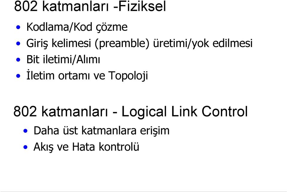 iletimi/alımı Đletim ortamı ve Topoloji 802 katmanları