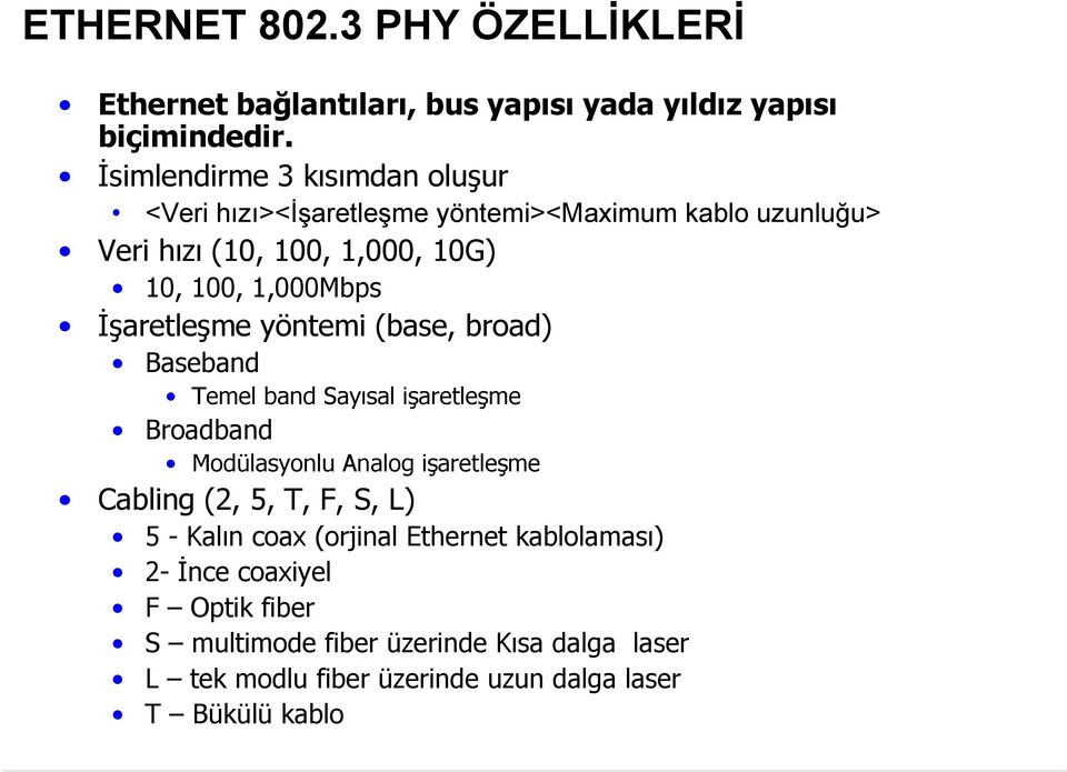 Đşaretleşme yöntemi (base, broad) Baseband Temel band Sayısal işaretleşme Broadband Modülasyonlu Analog işaretleşme Cabling (2, 5, T, F, S,