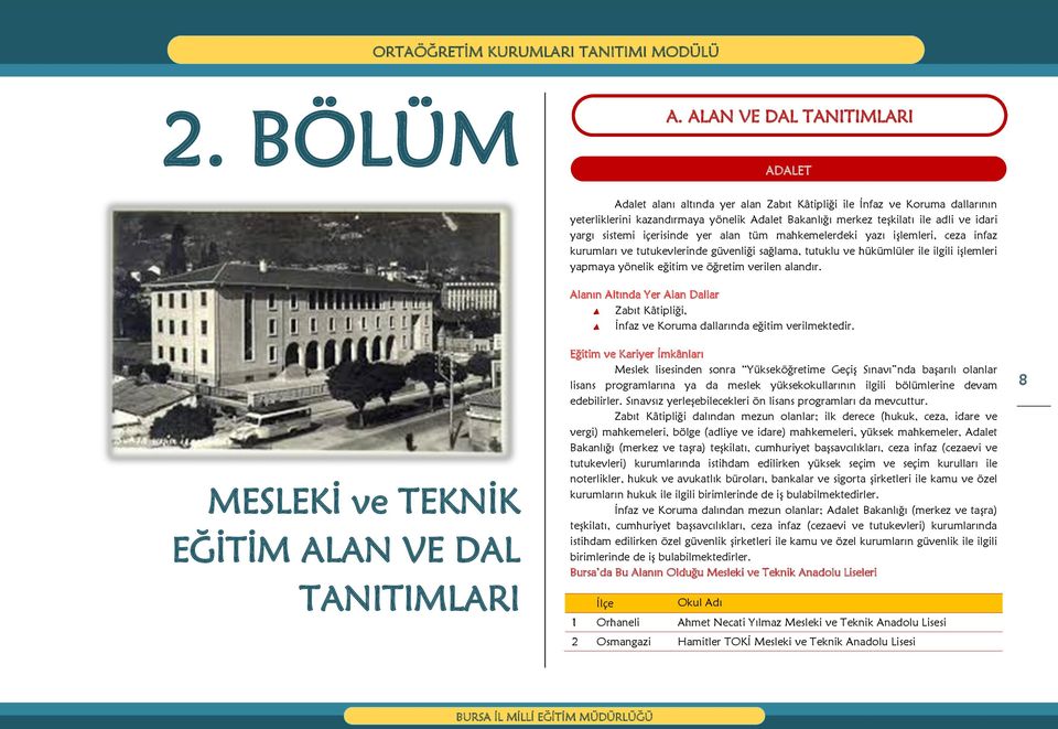 Bakanlığı merkez teşkilatı ile adli ve idari yargı sistemi içerisinde yer alan tüm mahkemelerdeki yazı işlemleri, ceza infaz kurumları ve tutukevlerinde güvenliği sağlama, tutuklu ve hükümlüler ile