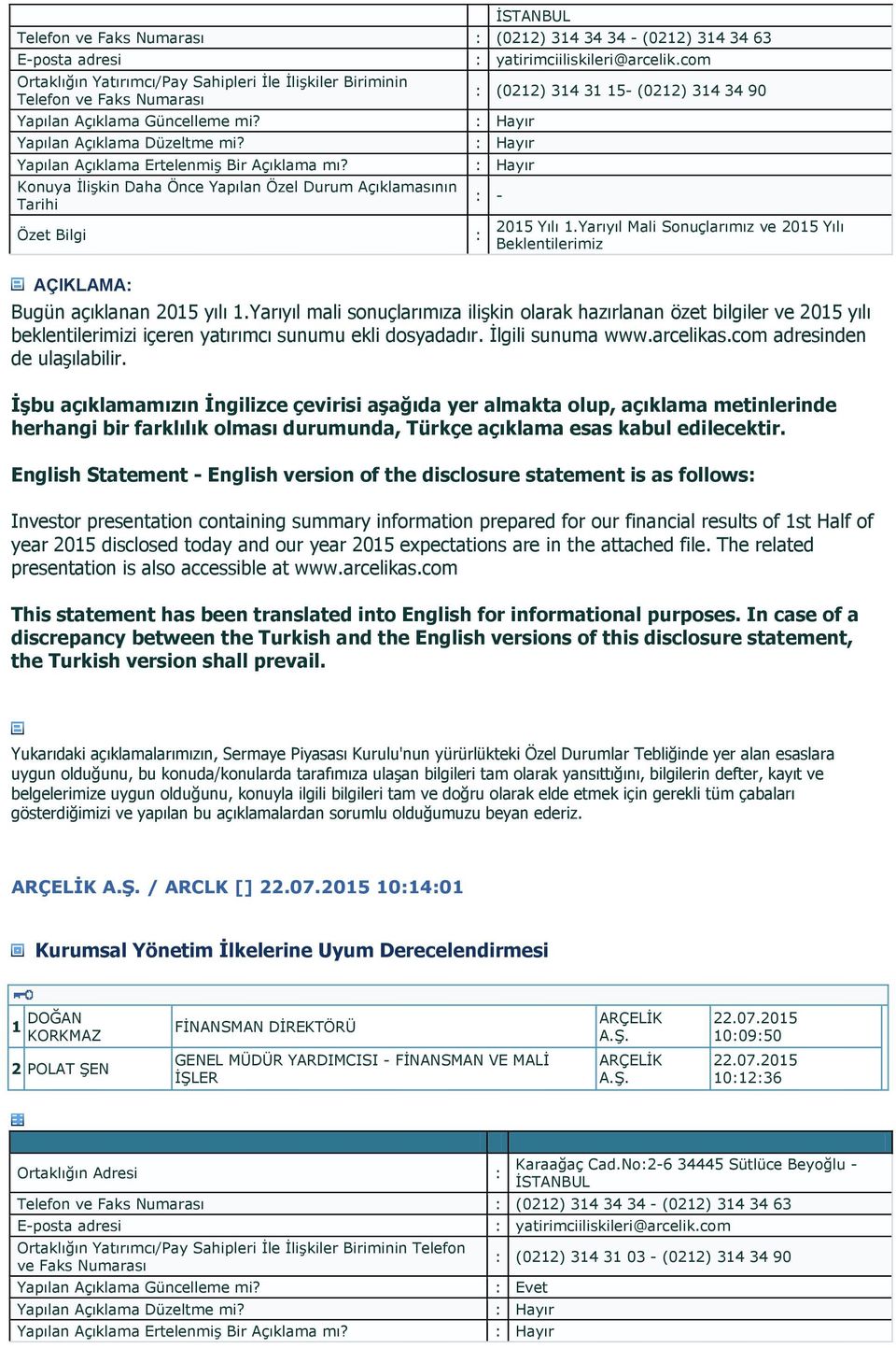 Yarıyıl Mali Sonuçlarımız ve 2015 Yılı Beklentilerimiz Bugün açıklanan 2015 yılı 1.