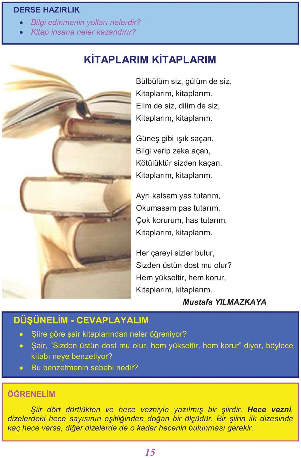 Ayrı kalsam yas tutarım, Okumasam pas tutarım, Çok korurum, has tutarım, Kitaplarım, kitaplarım. DÜŞÜNELİM - CEVAPLAYALIM Şiire göre şair kitaplarından neler öğreniyor?