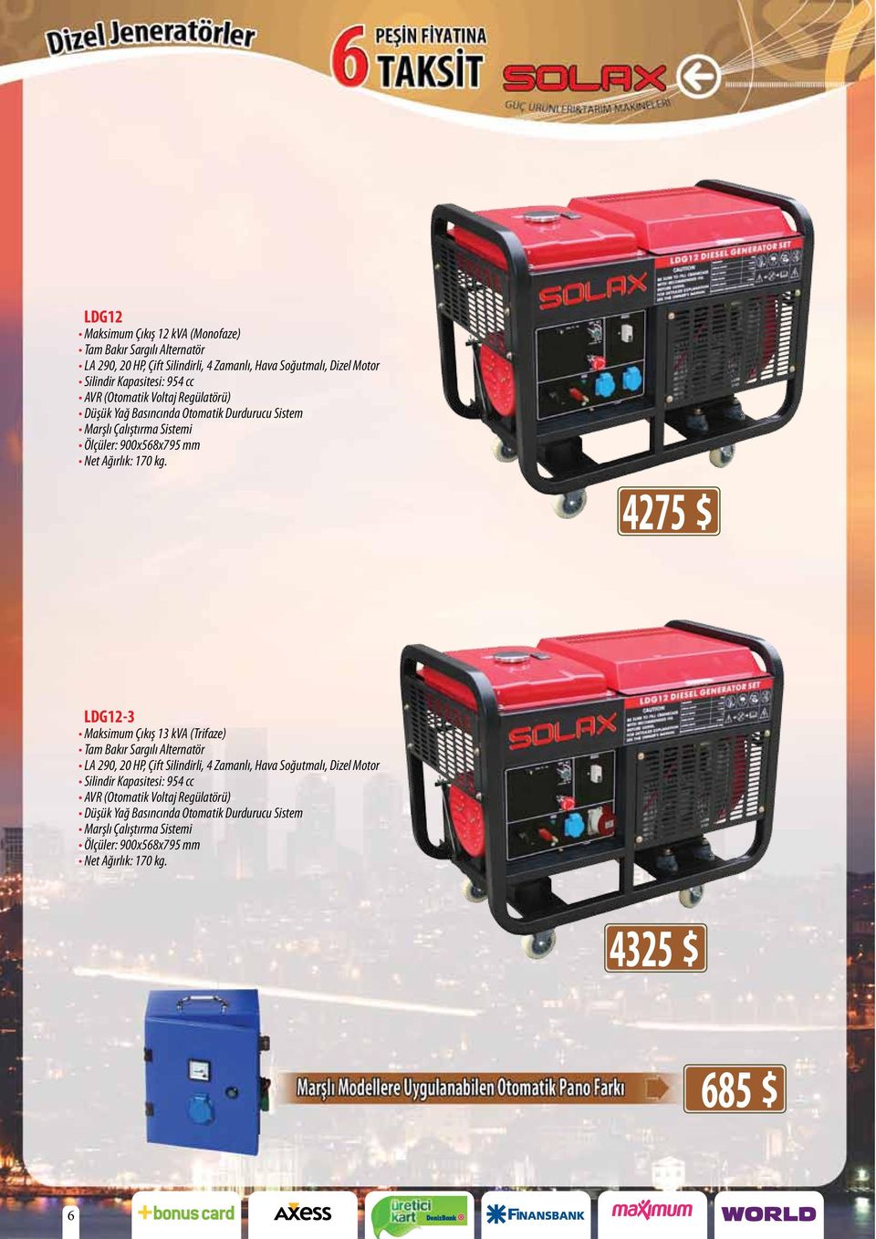 4275 $ LDG12-3 Maksimum Çıkış 13 kva (Trifaze) Tam Bakır Sargılı Alternatör LA 290, 20 HP, Çift Silindirli, 4 Zamanlı, Hava Soğutmalı, Dizel Motor Silindir