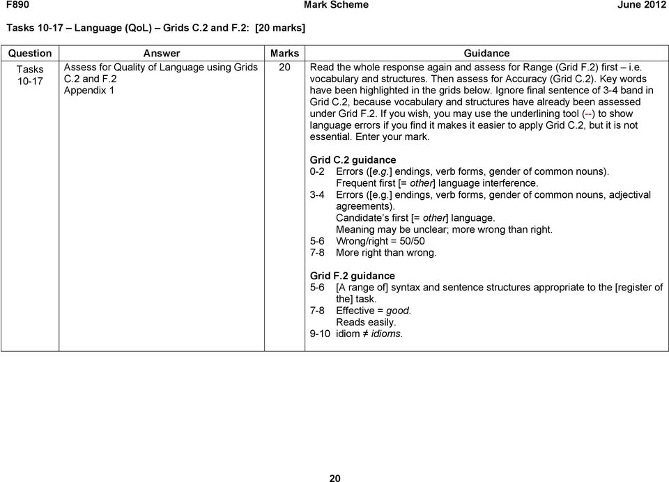 , because vocabulary and structures have already been assessed under Grid F.. If you wish, you may use the underlining tool (--) to show language errors if you find it makes it easier to apply Grid C.