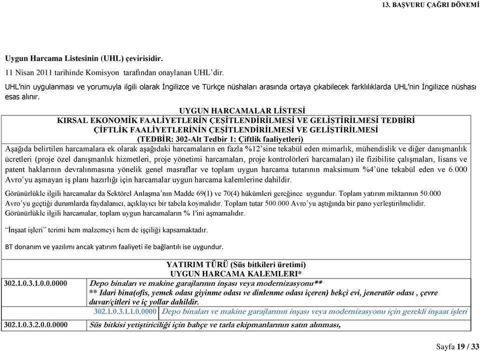 UYGUN HARCAMALAR LİSTESİ KIRSAL EKONOMİK FAALİYETLERİN ÇEŞİTLENDİRİLMESİ VE GELİŞTİRİLMESİ TEDBİRİ ÇİFTLİK FAALİYETLERİNİN ÇEŞİTLENDİRİLMESİ VE GELİŞTİRİLMESİ (TEDBİR: 302-Alt Tedbir 1: Çiftlik