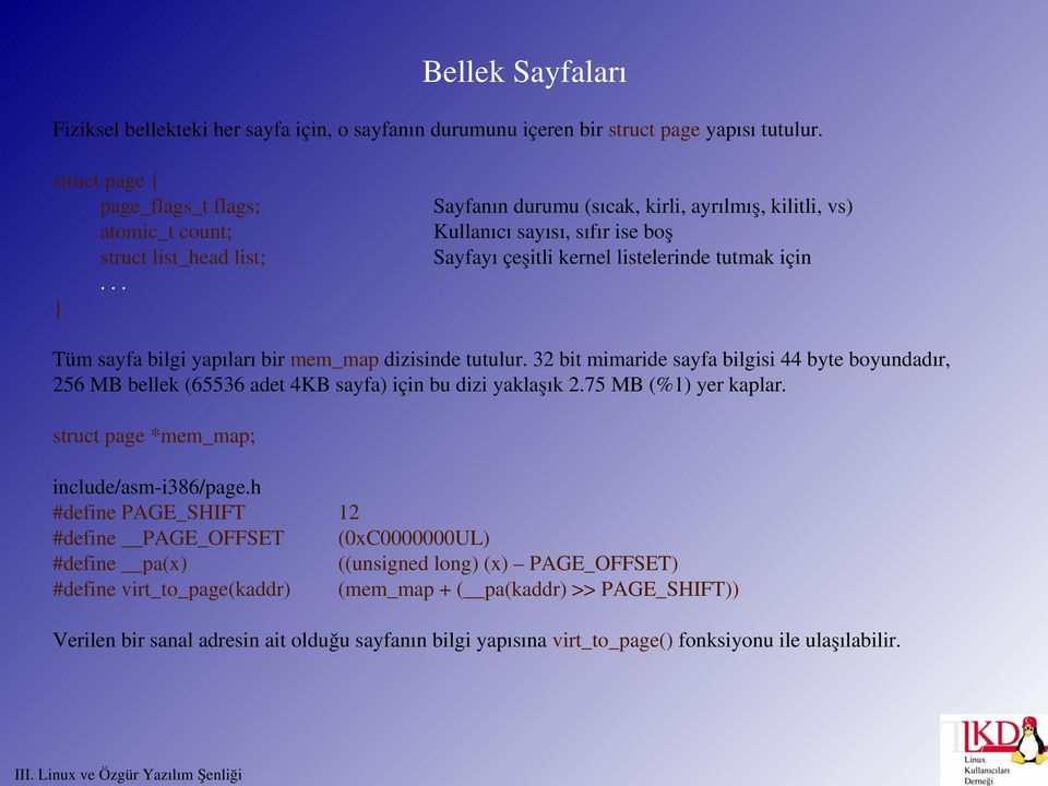 tutmak için Tüm sayfa bilgi yapıları bir mem_map dizisinde tutulur. 32 bit mimaride sayfa bilgisi 44 byte boyundadır, 256 MB bellek (65536 adet 4KB sayfa) için bu dizi yaklaşık 2.