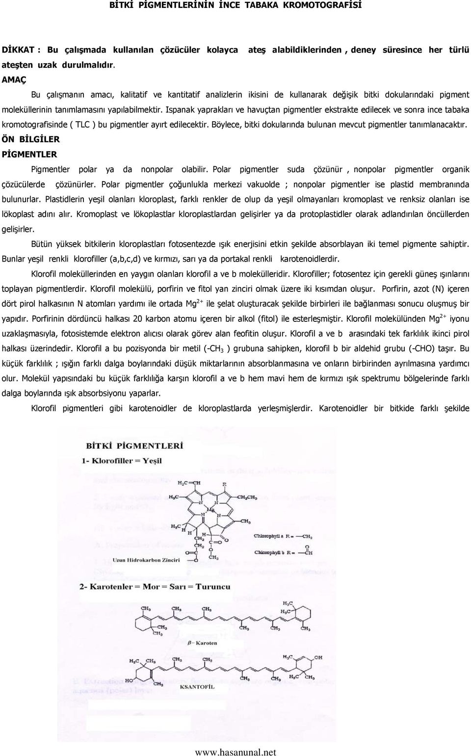 Ispanak yaprakları ve havuçtan pigmentler ekstrakte edilecek ve sonra ince tabaka kromotografisinde ( TLC ) bu pigmentler ayırt edilecektir.