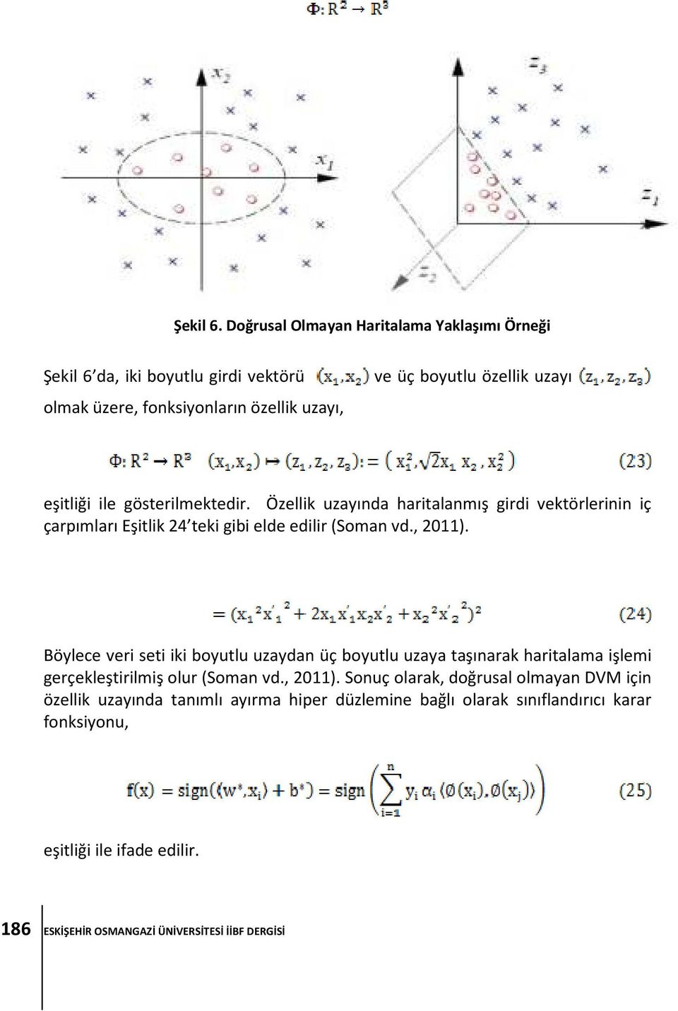 eşitliği ile gösterilmektedir. Özellik uzayında haritalanmış girdi vektörlerinin iç çarpımları Eşitlik 24 teki gibi elde edilir (Soman vd., 2011).