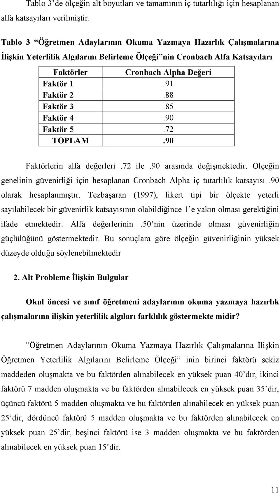 88 Faktör 3.85 Faktör 4.90 Faktör 5.72 TOPLAM.90 Faktörlerin alfa değerleri.72 ile.90 arasında değişmektedir. Ölçeğin genelinin güvenirliği için hesaplanan Cronbach Alpha iç tutarlılık katsayısı.