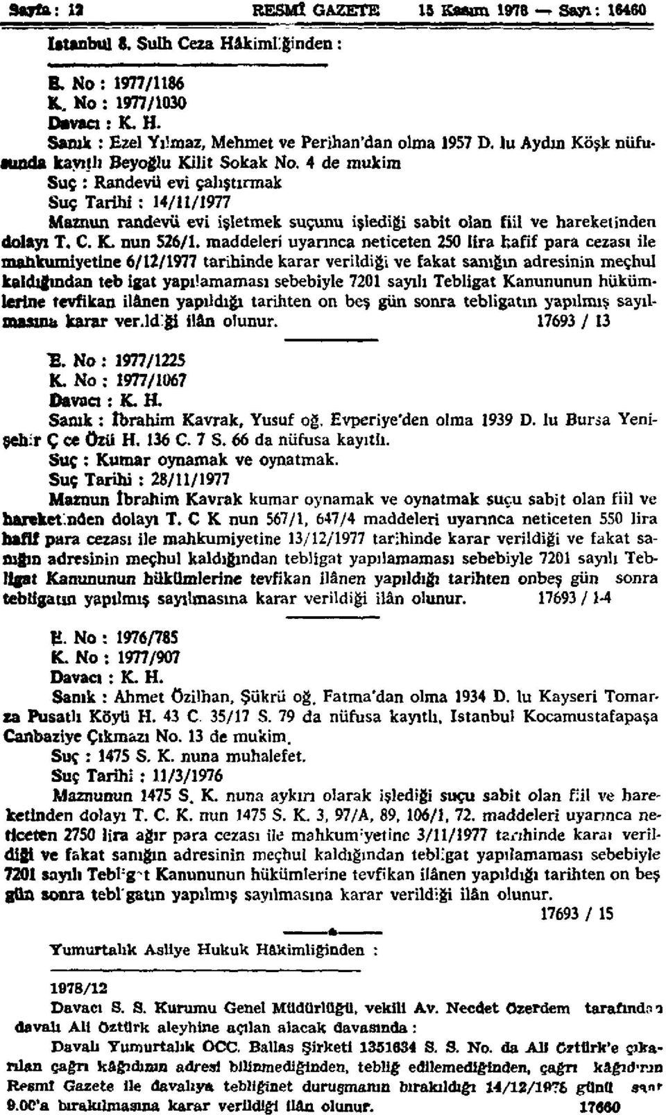 4 de mukim Suç : Randevu evi çalıştırmak Suç Tarihi : 14/11/1977 Maznun randevu evi işletmek suçunu işlediği sabit olan fiil ve hareketinden dolayı T. C. K. nun 526/1.