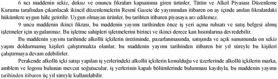 9 uncu maddenin ikinci fıkrası, bu maddenin yayımı tarihinden önce iş yeri açma ruhsatı ve satış belgesi almış işletmeler için uygulanmaz.