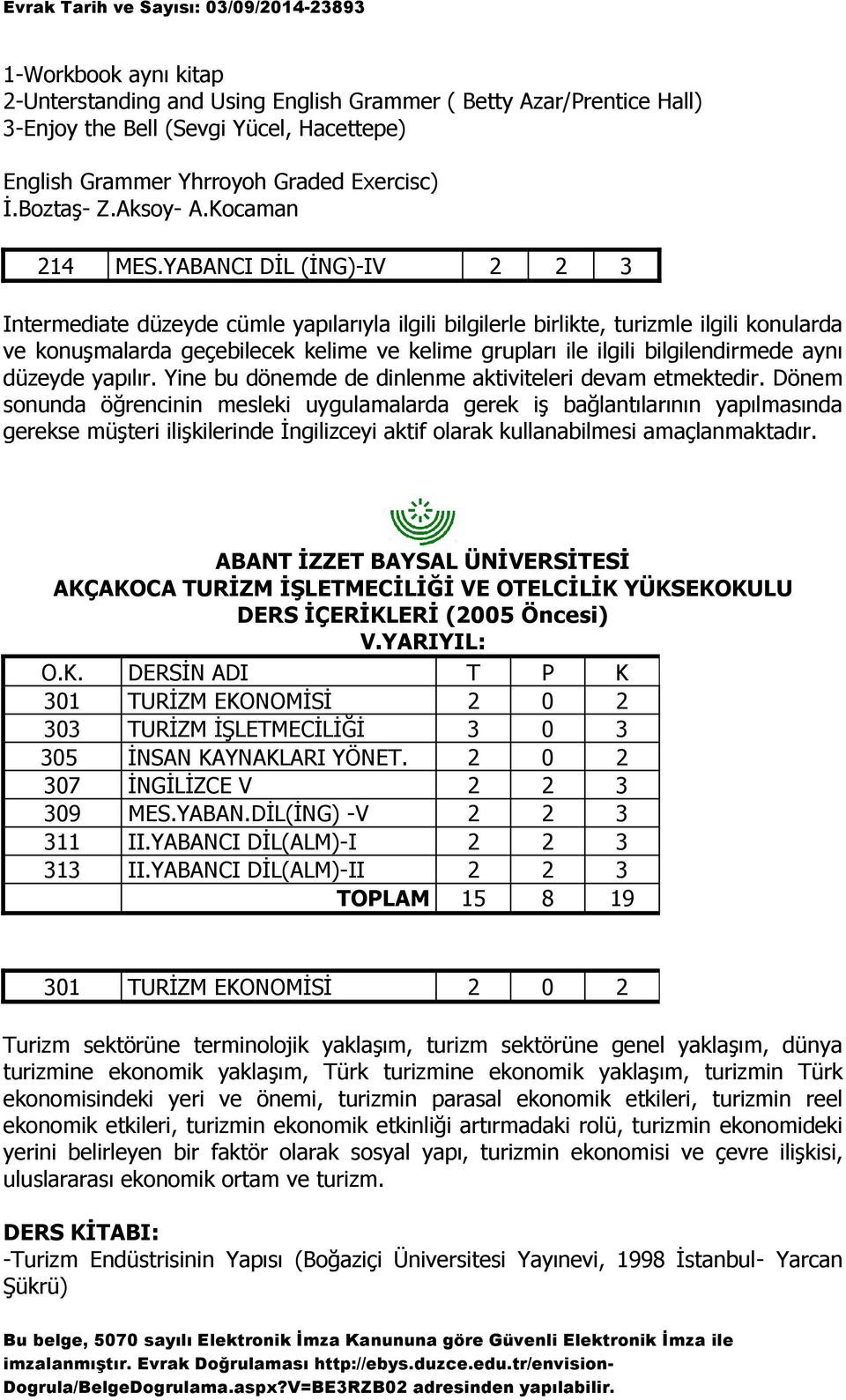 YABANCI DİL (İNG)-IV 2 2 3 Intermediate düzeyde cümle yapılarıyla ilgili bilgilerle birlikte, turizmle ilgili konularda ve konuşmalarda geçebilecek kelime ve kelime grupları ile ilgili