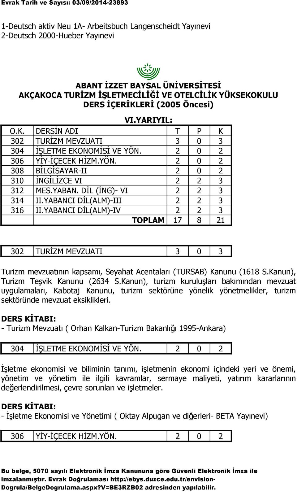 DİL (İNG)- VI 2 2 3 314 II.YABANCI DİL(ALM)-III 2 2 3 316 II.YABANCI DİL(ALM)-IV 2 2 3 TOPLAM 17 8 21 302 TURİZM MEVZUATI 3 0 3 Turizm mevzuatının kapsamı, Seyahat Acentaları (TURSAB) Kanunu (1618 S.