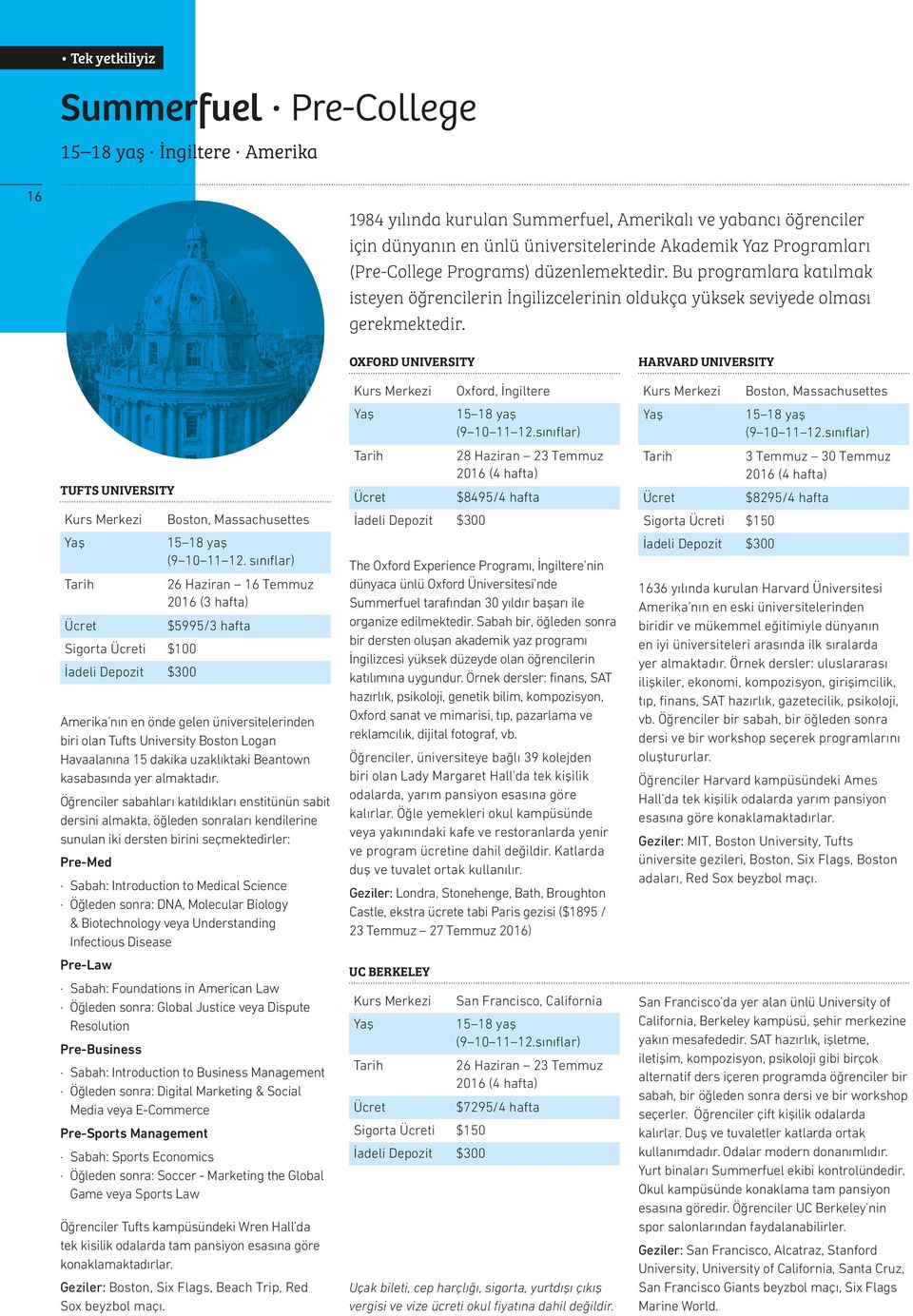 TUFTS UNIVERSITY Kurs Merkezi Boston, Massachusettes Yaş 15 18 yaş (9 10 11 12.