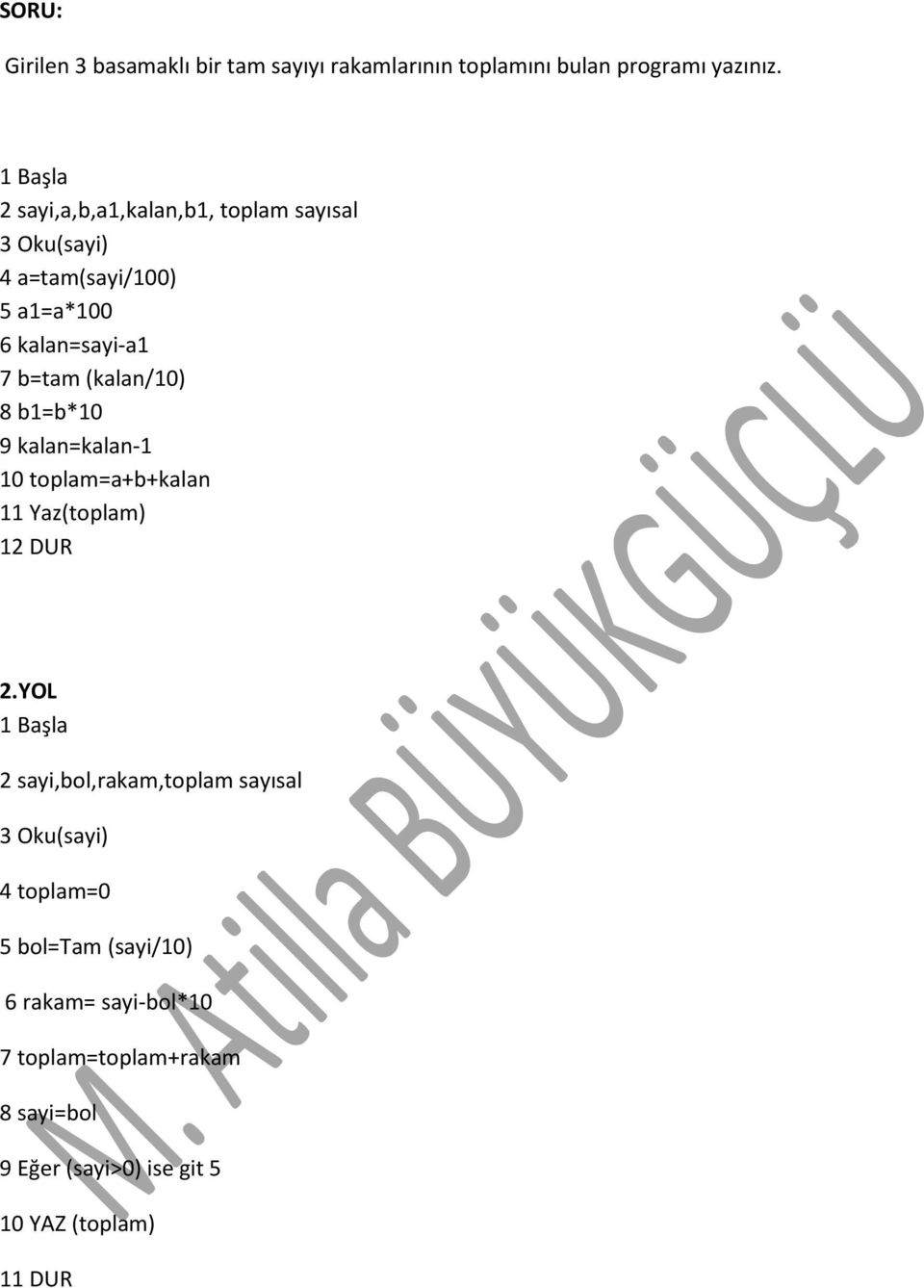 (kalan/10) 8 b1=b*10 9 kalan=kalan-1 10 toplam=a+b+kalan 11 Yaz(toplam) 12 DUR 2.