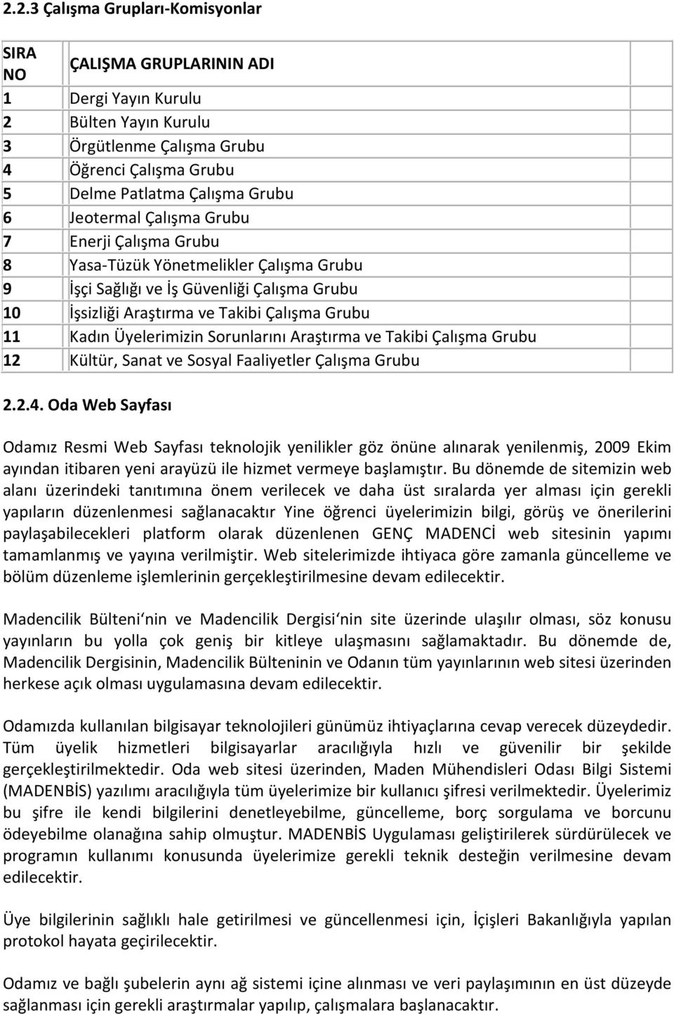 Üyelerimizin Sorunlarını Araştırma ve Takibi Çalışma Grubu 12 Kültür, Sanat ve Sosyal Faaliyetler Çalışma Grubu 2.2.4.