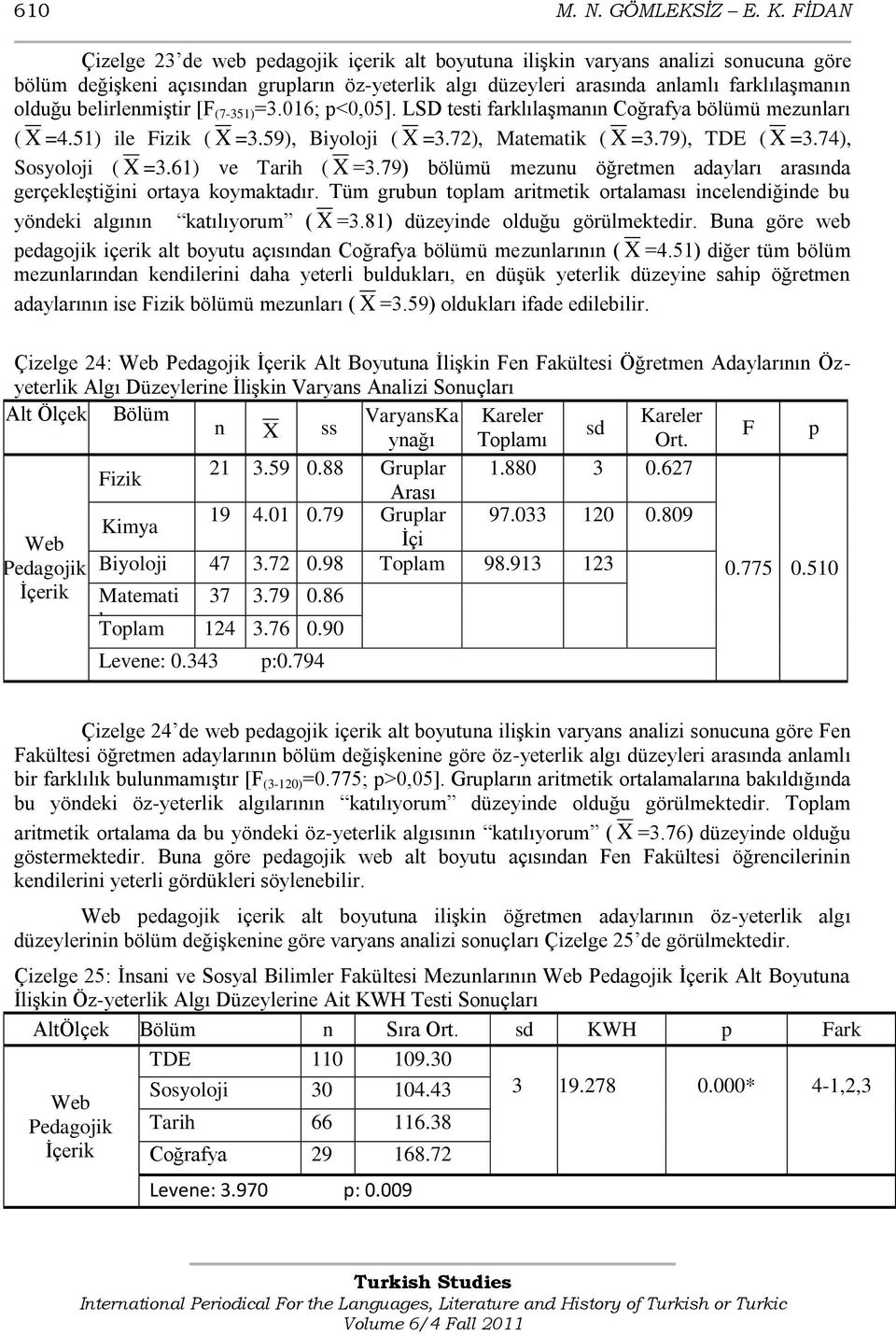 belirlenmiģtir [F (7-351) =3.016; <0,05]. LSD testi farklılaģmanın Coğrafya bölümü mezunları ( X =4.51) ile Fizik ( X =3.59), Biyoloji ( X =3.72), Matematik ( X =3.79), TDE ( X =3.