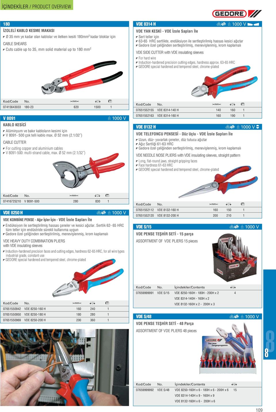 with VDE insulating sleeves For hard wire Induction-hardened precision cutting edges, hardness approx. 63-65 HRC GEDORE special hardened and tempered steel, chrome-plated io ö 1000 V P Kod/Code No.