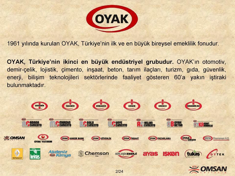 OYAK ın otomotiv, demir-çelik, lojistik, çimento, inşaat, beton, tarım ilaçları,