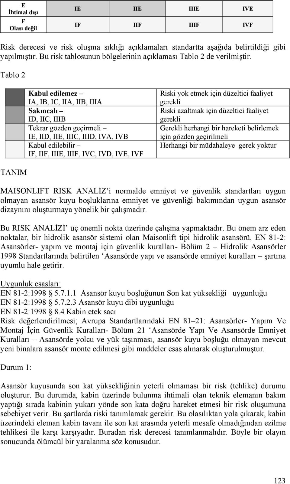 Tablo 2 Kabul edilemez A, B, C, A, B, A Sakıncalı D, C, B Tekrar gözden geçirmeli E, D, E, C, D, VA, VB Kabul edilebilir,, E,, VC, VD, VE, V Riski yok etmek için düzeltici faaliyet gerekli Riski