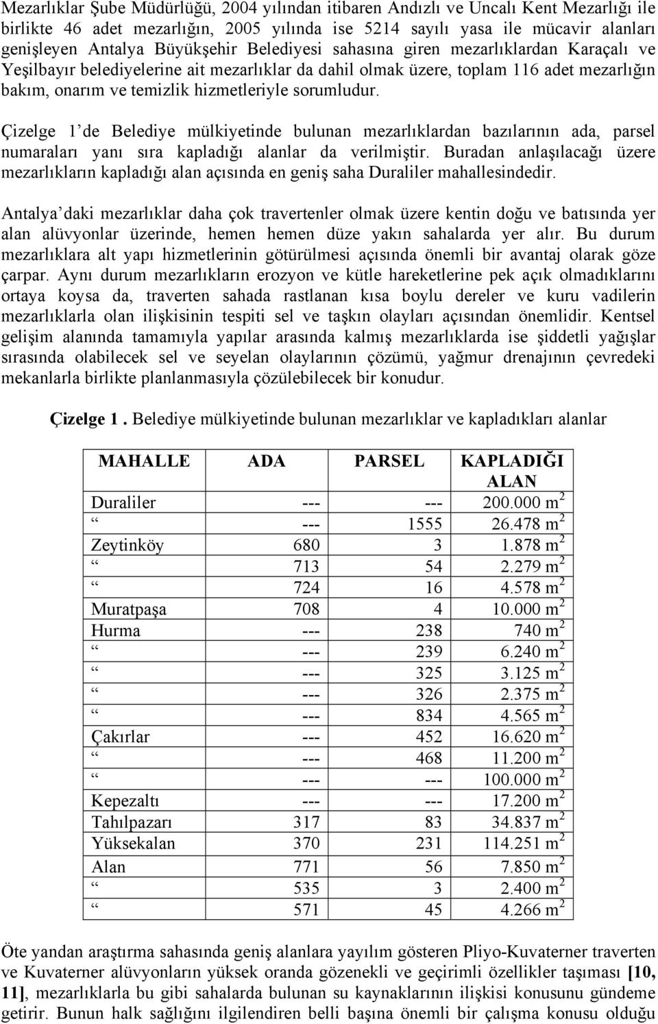 sorumludur. Çizelge 1 de Belediye mülkiyetinde bulunan mezarlıklardan bazılarının ada, parsel numaraları yanı sıra kapladığı alanlar da verilmiştir.