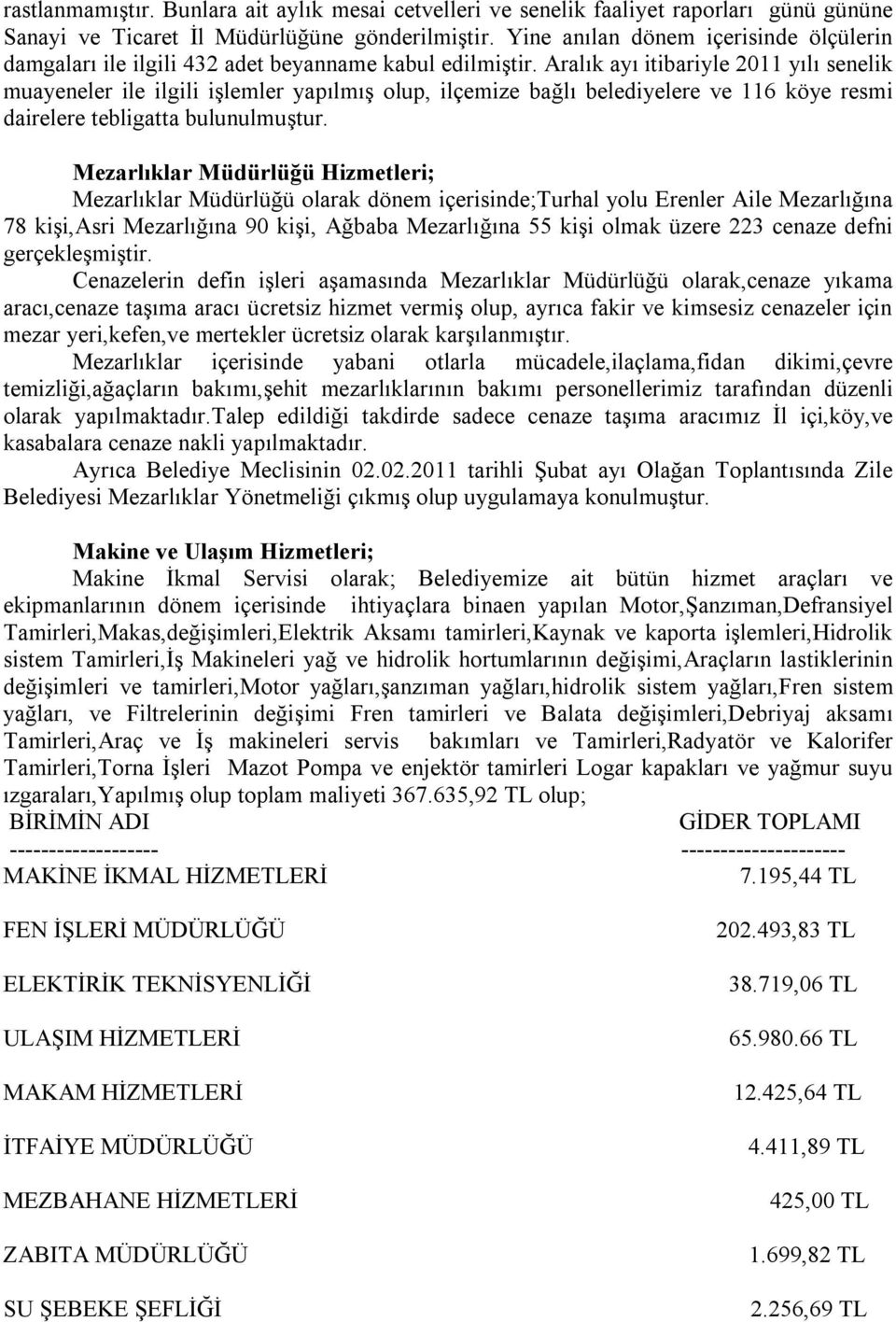 Aralık ayı itibariyle 2011 yılı senelik muayeneler ile ilgili işlemler yapılmış olup, ilçemize bağlı belediyelere ve 116 köye resmi dairelere tebligatta bulunulmuştur.