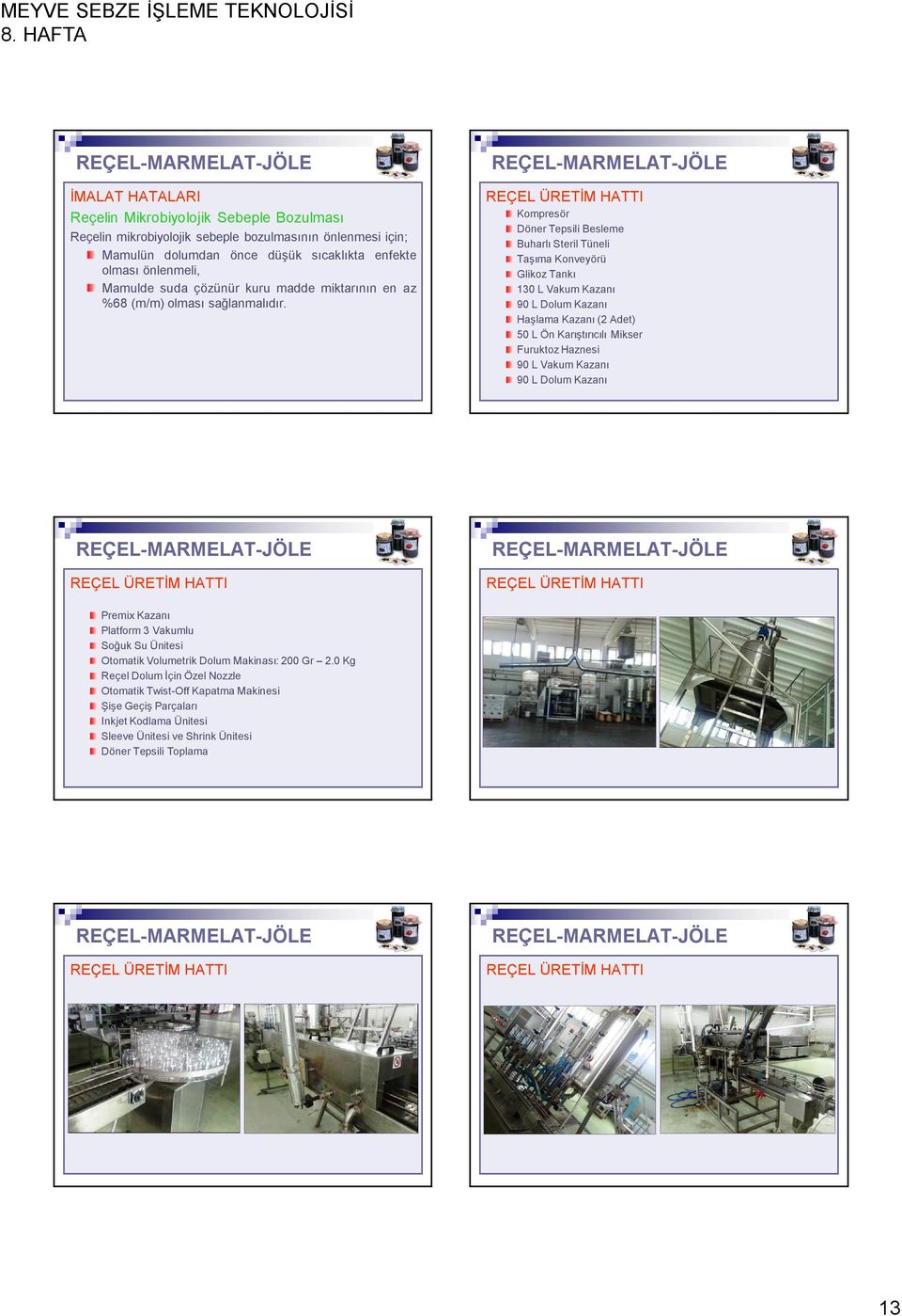 REÇEL ÜRETİM HATTI Kompresör Döner Tepsili Besleme Buharlı Steril Tüneli Taşıma Konveyörü Glikoz Tankı 130 L Vakum Kazanı 90 L Dolum Kazanı Haşlama Kazanı (2 Adet) 50 L Ön Karıştırıcılı Mikser