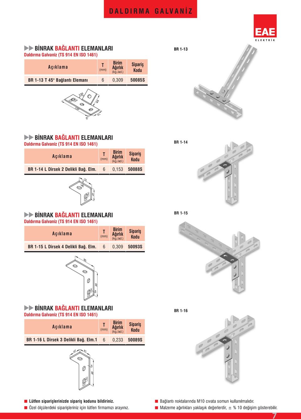 0,3 50088S 51 BİNRK BĞLNI ELEMNLRI Daldırma Galvaniz (S 914 EN ISO 141) BR 1- BR 1- L Dirsek 4 Delikli Bağ. Elm.