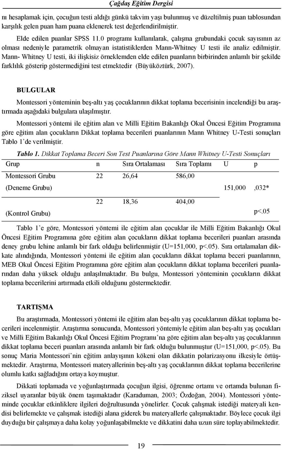 Mann- Whitney U testi, iki ilişkisiz örneklemden elde edilen puanların birbirinden anlamlı bir şekilde farklılık gösterip göstermediğini test etmektedir (Büyüköztürk, 2007).