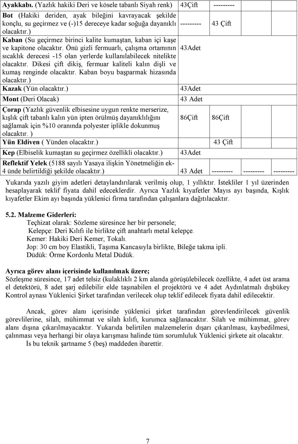 ) Kaban (Su geçirmez birinci kalite kumaştan, kaban içi kaşe ve kapitone olacaktır. Önü gizli fermuarlı, çalışma ortamının sıcaklık derecesi -15 olan yerlerde kullanılabilecek nitelikte olacaktır.