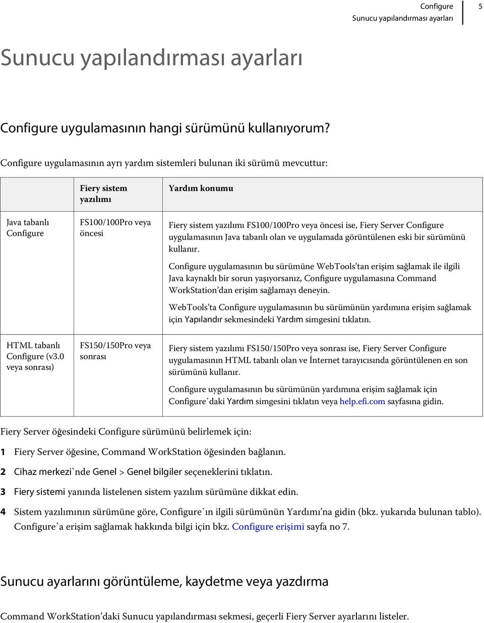 veya öncesi ise, Fiery Server Configure uygulamasının Java tabanlı olan ve uygulamada görüntülenen eski bir sürümünü kullanır.