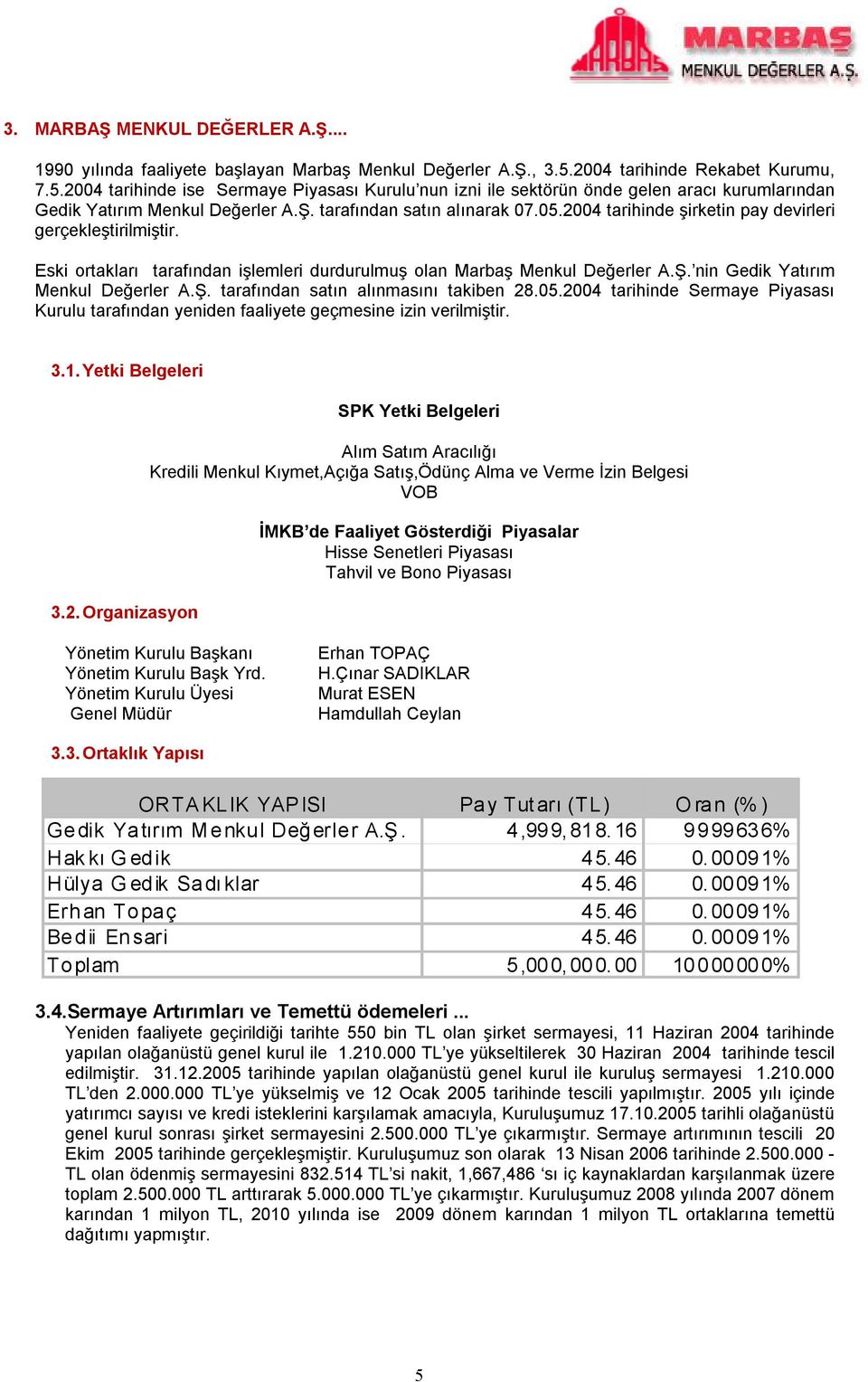 2004 tarihinde şirketin pay devirleri gerçekleştirilmiştir. Eski ortakları tarafından işlemleri durdurulmuş olan Marbaş Menkul Değerler A.Ş. nin Gedik Yatırım Menkul Değerler A.Ş. tarafından satın alınmasını takiben 28.