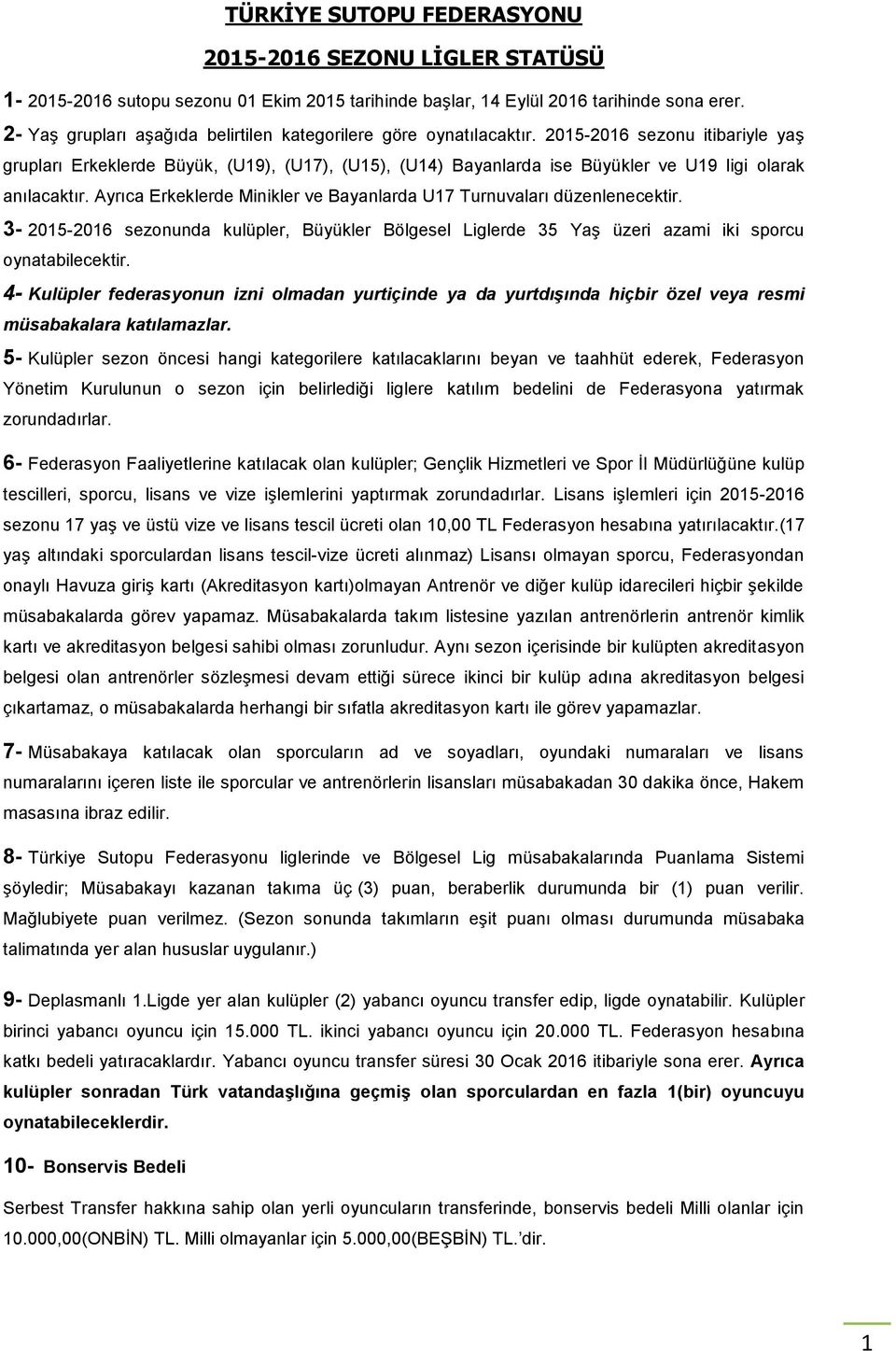 2015-2016 sezonu itibariyle yaş grupları Erkeklerde Büyük, (U19), (U17), (U15), (U14) Bayanlarda ise Büyükler ve U19 ligi olarak anılacaktır.