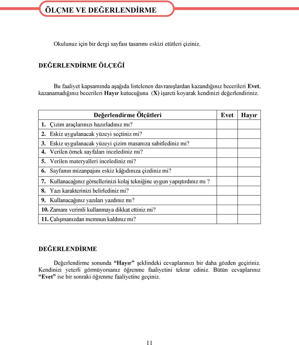 1. Çizim araçlarınızı hazırladınız mı? 2. Eskiz uygulanacak yüzeyi seçtiniz mi? Değerlendirme Ölçütleri Evet Hayır 3. Eskiz uygulanacak yüzeyi çizim masanıza sabitlediniz mi? 4.