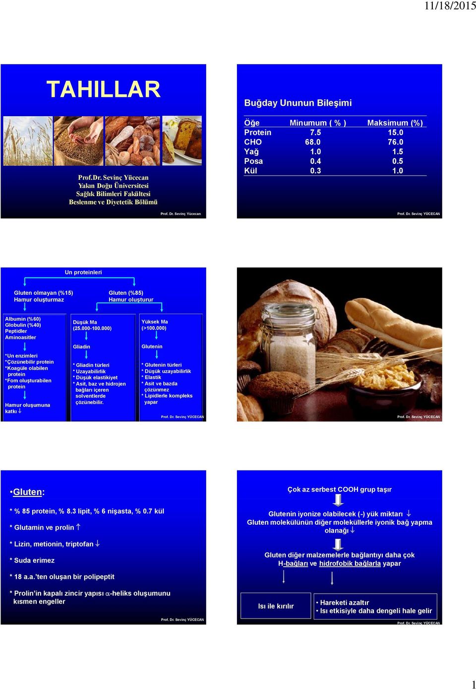 Sevinç Yücecan Un proteinleri Gluten olmayan (%15) Gluten (%85) Hamur oluşturmaz Hamur oluşturur Albumin (%60) Globulin (%40) Peptidler Aminoasitler Düşük Ma (25.000-100.000) Yüksek Ma (>100.