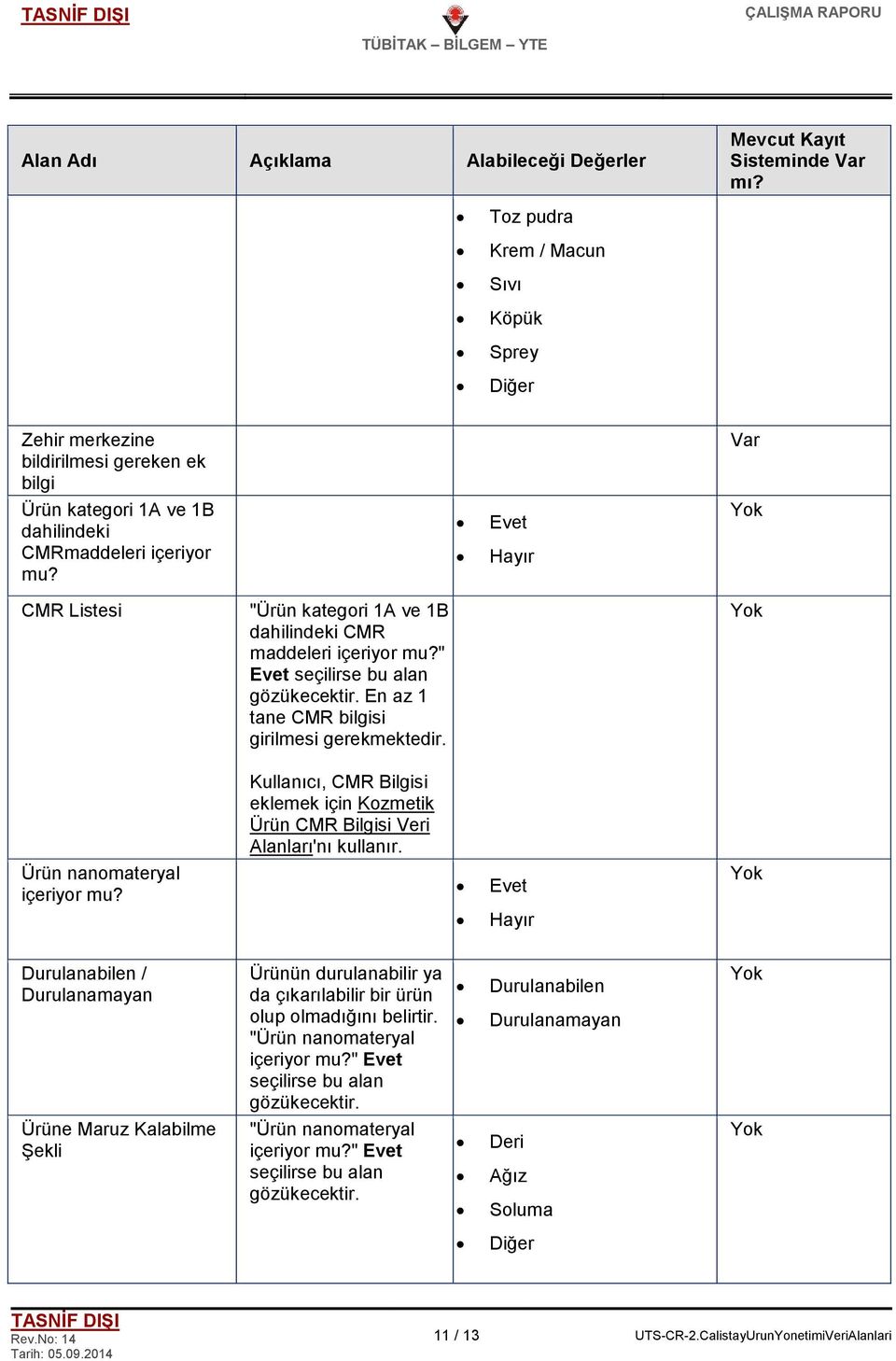 Kullanıcı, CMR Bilgisi eklemek için Kozmetik Ürün CMR Bilgisi Veri Alanları'nı kullanır. Ürün nanomateryal içeriyor mu?