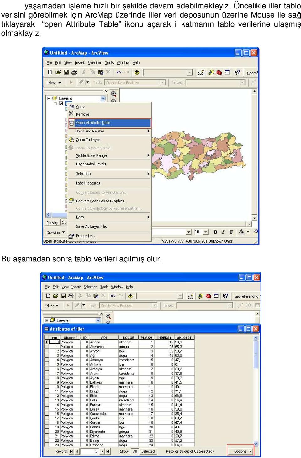 deposunun üzerine Mouse ile sağ tıklayarak open Attribute Table ikonu